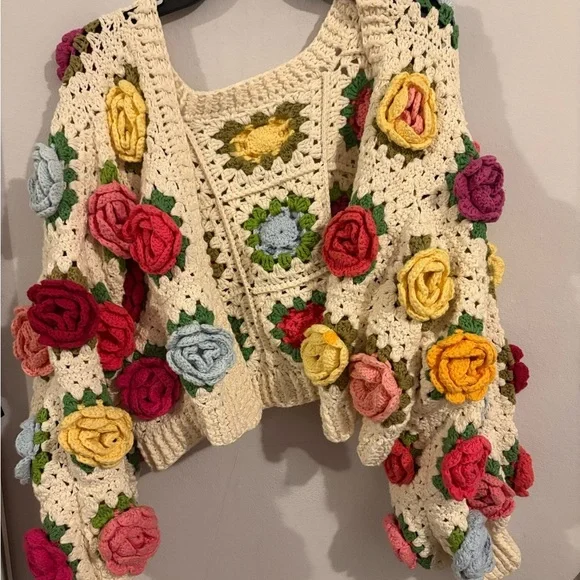 Floral Crochet Cardigan with Multicolor Roses Granny Square Floral Heavy Knit - Picture 1 of 4